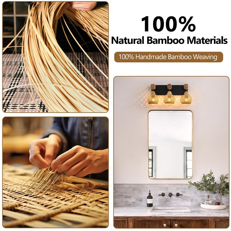 LmnLvn Farmhouse Bathroom Light Fixture, 3-Light Boho Vanity Light, Bamboo
