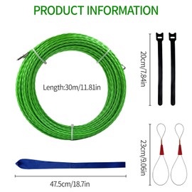 LUMITERRA Cable Pulling Aid 30 m with 3 Guide Springs and 4 mm Retractable Tape, Retractable Spiral Retractable Wire, Cable Retraction Aids, Ideal Retractable Tape for Cable Laying Empty Pipes, Green