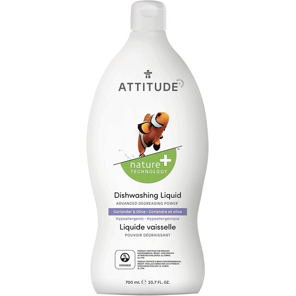 ATTITUDE Dish Soap, Plant-based, Hypoallergenic, Eco-friendly, Coriander & Olive, 23.7 Fl Oz