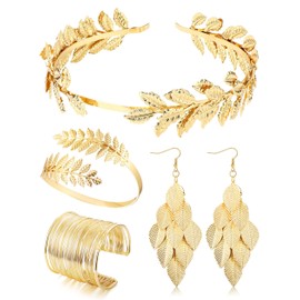 Diamday Grecian Goddess Costume Accessories Set for Women Leaf Headband Coil Upper Arm Bracelet Dangle Earrings for Wedding Toga Party 1