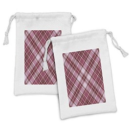 Ambesonne Checkered Fabric Pouch Set of 2, Diagonal Checkered Pattern with Strips and Rhombus in Rose Tones, Small Drawstring Bag for Toiletries Masks and Favors, 9" x 6", Dried Rose White