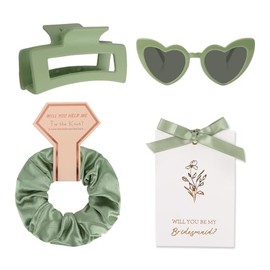TIOSRU 4 PCS Bridesmaid Proposal Gifts-Claw Clip, Bridesmaid Scrunchie, Heart Sunglasses for Bridesmaid Gifts Box Silk Satin Hair Accessories for Bridal Shower Bachelorette Party Favors(Sage Green)