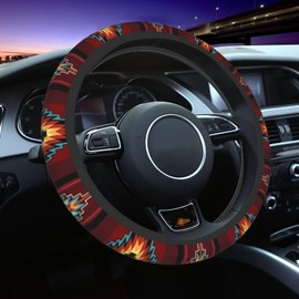 LONSANT Native American Tribal Steering Wheel Cover for Women Men Southwest Pattern Native Aztec Red Print Navajo Design Wheel Protector Case Auto Car Accessories Universal for Cars Trucks (15 Inch)