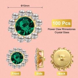 sourcing map 100pcs Sew on Rhinestones, 10mm Flower Claw Rhinestones Crystal Glass Metal Base Sewing Gems Buttons for Sewing Accessories Clothes Shoes Earring Belt Crafts, Dark Green