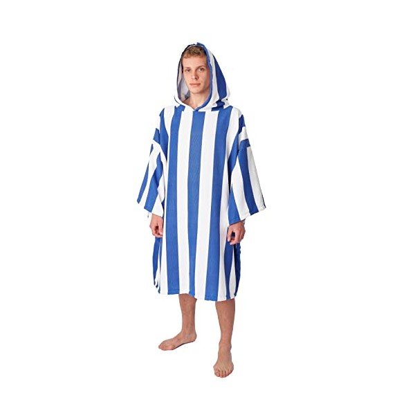 Dreamscene Striped Poncho Towel Adult Hooded Oversized Bath Beach Absorbent Microfiber Quick Dry Mens Surf Changing Robe, Navy Blue