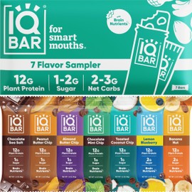 IQBAR Brain and Body Plant Protein Bars - 7 Bar Sampler Variety Pack - Keto, Vegan, Low Carb, High Fiber, Gluten Free, Dairy Free, Low Sugar Snack with Nutrients for Focus, Energy and Meal Replacement