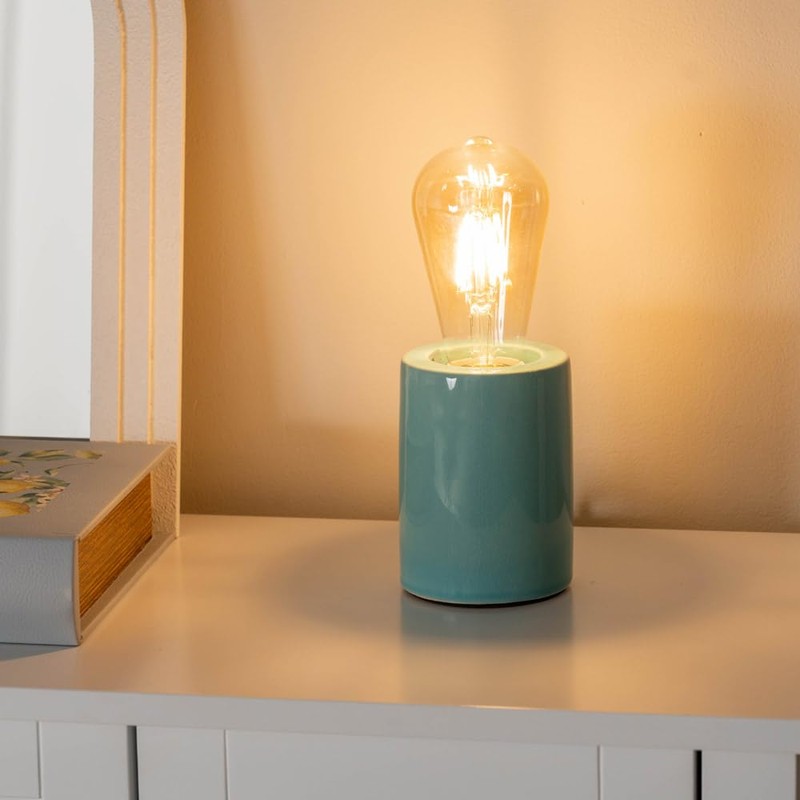 Small Green Glazed Ceramic Bedside Table Lamp Mini Cylinder Design