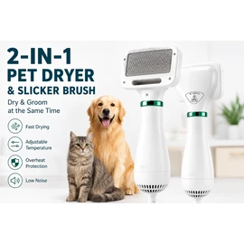 2-in-1 Dog Dryer with Slicker Brush for Small Dogs & Cats, 300W Pet Hair Dryer for Grooming, Adjustable Temperature, Low Noise 75-85dB, Overheat Protection, Fast Drying Dog Blow Dryer