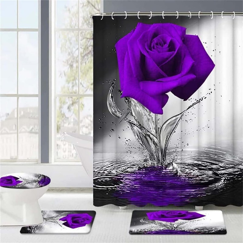Purple Rose Bathroom Set with Shower Curtain and Non-Slip Rugs,