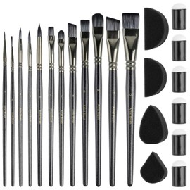 Worldity 12 Pcs Face Paint Brushes, Nylon Black Paint Brushes Set with 30 Pcs Sponges, Face Painting Brush and Sponge Set for Halloween, Body Art, Acrylic Oil Watercolor Painting