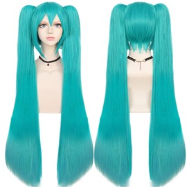 ANOGOL Hair Cap+48inch/120cm Green Wig Cosplay Green Teal wig Double Ponytail Wig, Long Green Lolita Wig For Halloween Costume, Long Green Wig With Bangs Straight wig For Halloween Party Cosplay Wig