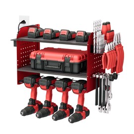 Lisgicabin Power Tool Organizer Wall Mount with charging station.3 Layers Tool Organizer and Storage with 4 Cordless Drill Holders,Drill Bit Heavy Duty Rack for Garage, Workbench,and Workshop (RED)