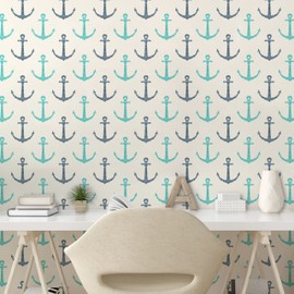 Lunarable Nautical Peel & Stick Wallpaper for Home, Line Art Hand Drawn Anchors Minimalism Inspired Maritime Pale Toned Image, Self-Adhesive Living Room Kitchen Accent, 13" x 100", Seafoam Dark Blue