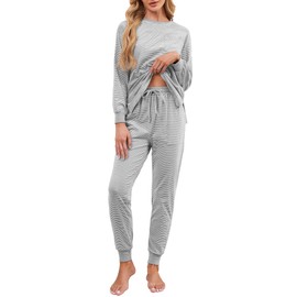 Becotal Soft Cotton Pajamas for Women Set Striped Long Sleeve Lounge Sets 2 Piece Pajama Tops and Jogger Pants with Pockets Cozy Loungewear Light Grey M