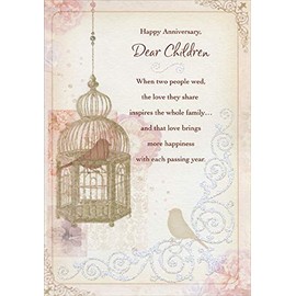 Designer Greetings Bird and Ornate Cage, Bird on Swirling Glitter Vine Wedding Anniversary Congratulations Card for Children