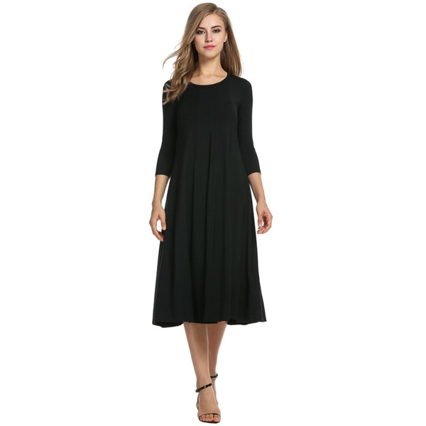 HOTOUCH Women's 3/4 Sleeve Casual Loose Solid Midi T-Shirt Dress (Black XL)