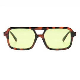 LJCZKA 70s Retro Square Sunglasses for Women Men Trendy Vintage Rectangle Shades Classic Double Bridge Sun Glasses (LeopardLightGreen)