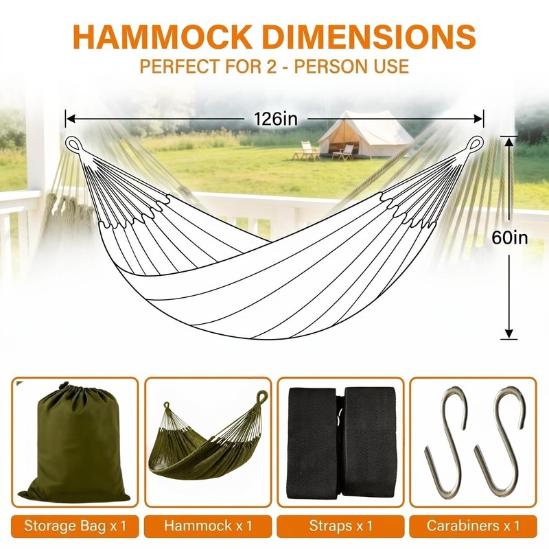 Mayan Handwoven Hammock, 2 Person, 500 lb, Cotton Nylon Rope
