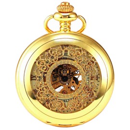 New Brand Mall Steampunk Vintage Roman Letters Design Case Mechanical Pocket Watch with Chains for Xmas Gifts (Gold)