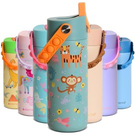 Elemental 100% Leak Proof When Spout is Closed Insulated Kids Water Bottle, Stainless Steel Bottle for School with Straw Lid & Pop-It Handle, for Travel and Sports, 18oz - Safari