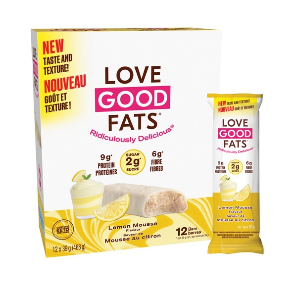 Love Good Fats Keto Bars, Truffle Lemon Mousse - Plant-Based Protein Snack, Low Carb, Low Sugar, Gluten Free, Non GMO, 12 Pack