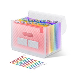 ThinkTex Accordian Aktenordner, 12 Fächer, erweiterbare Aktenordner, tragbarer monatlicher Rechnungsbeleg-Organizer, bunte Registerkarten, A4-Größe – Pink