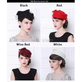 Z&X Winter Wool Fascinator British Pillbox Hat Women Wedding Church Derby Beret Hat Veil Bow Fedoras Black