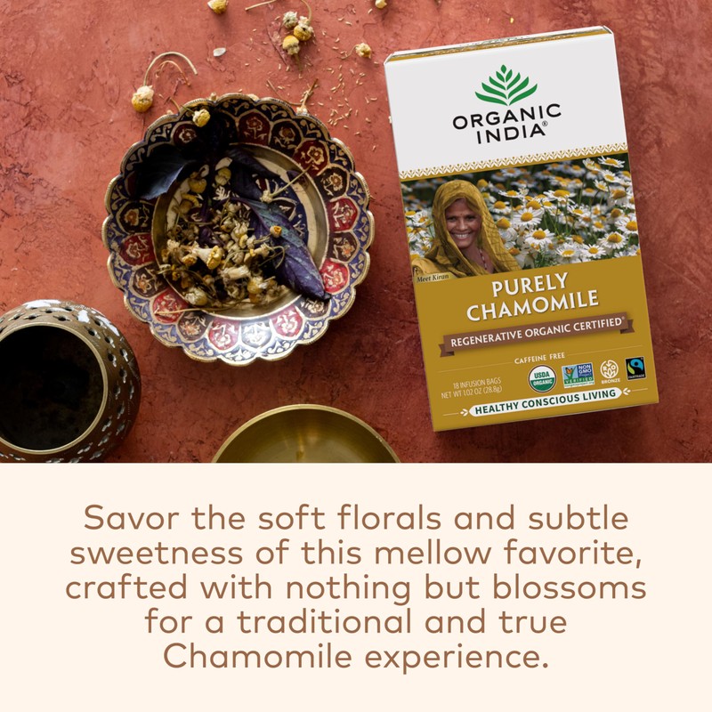 Organic India Purely Chamomile Tea- Regenerative Organic Chamomile Flowers, Caffeine