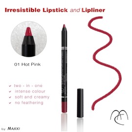 Hot Pink Makki Irresistible Lipstick & Lip Liner Pencil Intense Colour Long Lasting Two in 1 Soft and Creamy Non-Bouncy Mud Proof Extremely Shiny Lip Art and Designer