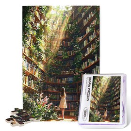 Library Jigsaw Puzzle 1000 Pieces，Library Bookshelf Jigsaw Puzzles,Plant Bookshelf Puzzles, Library Retro Aesthetic 1000 Pieces Puzzle Art, Botanical Literary Theme Difficult Challenging Hard Puzzle