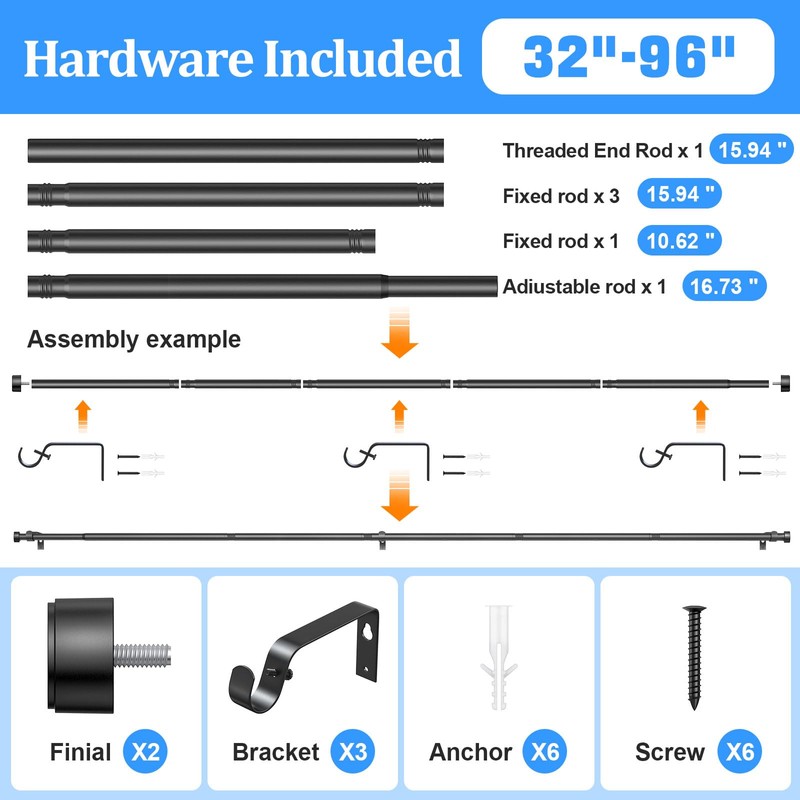 Curtain Rods for Windows 32-96 Inch, 1 Inch Adjustable Black