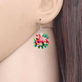 BONSNY Tropical Flamingo Dangle Earrings, Pink Birds Statement Jewelry with Hibiscus Flowers, Hawaiian Beach Style, Colorful Floral Design (Multicolor)