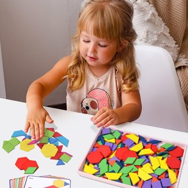 3 otters Wooden Pattern Blocks Shapes for Kids, Geometric Tangram Puzzle with Activity Cards, 150 PCS Educational Toy