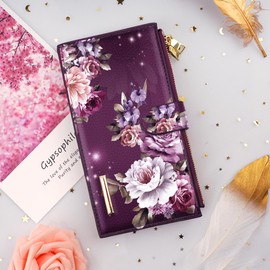 Coco Rossi Womens RFID Blocking Multi Card Organizer Bifold Wallet with Double Zipper Pocket,Purple Flowers