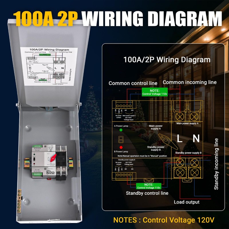 Automatic Transfer Switch, 100 Amp Generator Transfer Switch, 2P 3