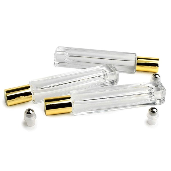 Grand Parfums 10ml LUXURY Square Glass Roller Bottles, With Gold Caps, Beautiful Styling, Heavyweight Glass, and Stainless Steel Rollers, 3 Count