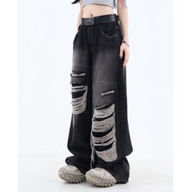 Lafaguw Baggy Jeans for Women Men Ripped Straight Leg Pants High Waisted Distressed Jeans Y2K Grunge Summer Clothes.(Black1-XS)