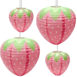 4 PCS Strawberry Paper Lantern Pink, Windspeed Large Strawberry Lantern Decorations Hanging Paper Lantern for Strawberry Party Decor 3D Strawberry Paper Lanterns 8 inch, 12 inch