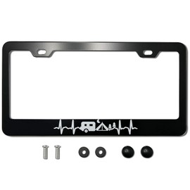 XHuiZio Trailer Moon Tent Forest Heartbeat Camping License Plate Frame for Women/Men, Black Stainless Steel License Plate Frame 2 Holes & Screws for Car, 12x6 Inch Fits Standard US/CA
