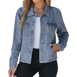Vetinee Women Jean Jacket Distressed Jean Jacket Women Womens Light Weight Jackets Casual Wishful Blue - Snow Wash Medium Fits Size 8 / Size 10