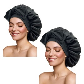 Capó de satén de seda para dormir, gorros grandes con banda de corbata, envoltura de pelo con correas ajustables, gorro de dormir nocturno para mujer, cabello trenzado rizado (negro, negro)