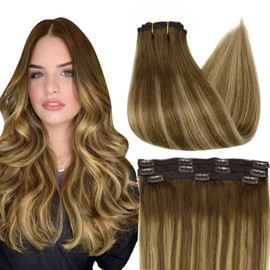 Full Shine Balayage Hair Extensions for Women Lace Weft Clip in Hair Extensions Color 4/24/4 Human Hair Clip in Human Hair Extensions 3 Pieces 20 Inch Hair Extensions 60 Grams