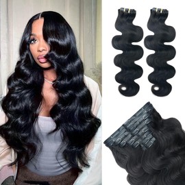 Pobokix Body Wave Clip in Hair Extensions Real Human Hair 2 Pack 240g Seamless Clip in Hair Extensions for Women Full Max with 16Pcs PU Thin Weft 18inch Natural Black