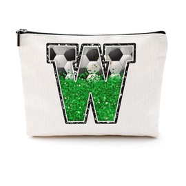 CQM Soccer Gifts Initial Makeup Bag Monogrammed Cosmetic Bag Letter W Zipper Pouch Soccer Accessories for Girls Women Player Coaches Friend Stuff Graduation Birthday Gifts