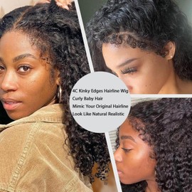 Qmaple 4C Edges Kinky Curly Lace Front Wigs Human Hair 13x4 HD Transparent Lace Frontal Wigs with Curly Edges Baby Hair 200% Density Deep Wave Curly Wig Pre-Plucked Hairline 24Inch
