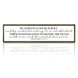 Christian Decor Signs, Bible Verse Wall Art, Modern Farmhouse Home Decor, Table Shelf Decoration, Rustic Hanging Framed Wood Sign, Scripture Proverbs 24:3-4 Sign 17.8x4x1.2 inches