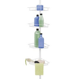 Zenna Home Tension Pole Shower Caddy, 4 Basket Shelves with Built-In Towel Bars, Adjustable, 60 to 97 Inch, White