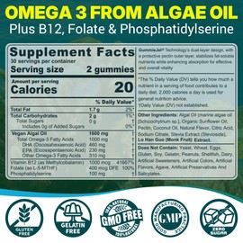 Algae Omega 3 Gummies 1000mg, Plant Based DHA 460mg & EPA 230mg, Omega 3 Fish Oil Alternative for Adults, Plus MethylFolate, Vitamin B12, Phosphatidylserine, No Fishy Taste, Vegan, Sugar Free, 60 Cts