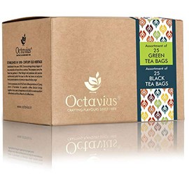 Octavius Teabags Sampler Pack | 6 Assorted Tea Flavors | 3 Black Teas Perfect For Tea & Chai Lovers | 3 Detox Green Teas | Packed In An Elegant Kraft Box | Perfect For Gifting | 50 Enveloped Teabags