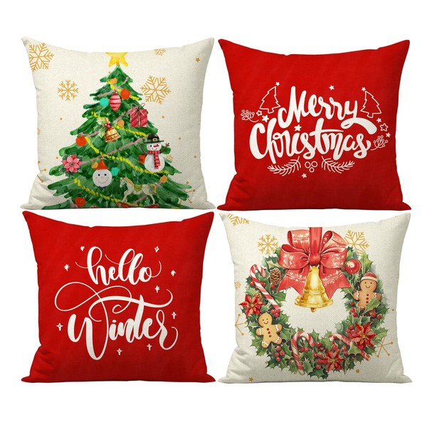 FUYUCHEN Merry Christmas Wreath Pillow Covers 18x18 Inch Hello Winter